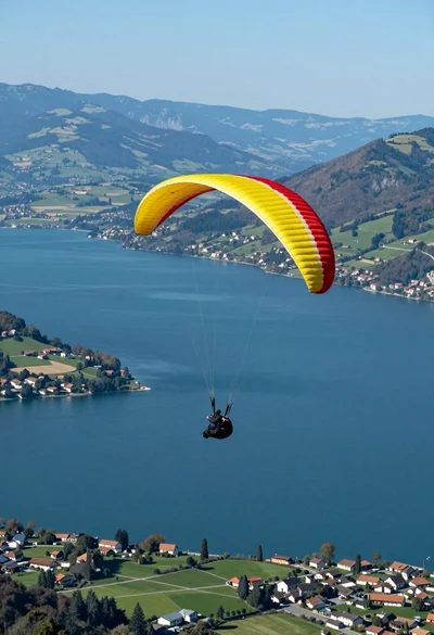 Paraglider soaring above vast blue lake mountains and green hills landscape