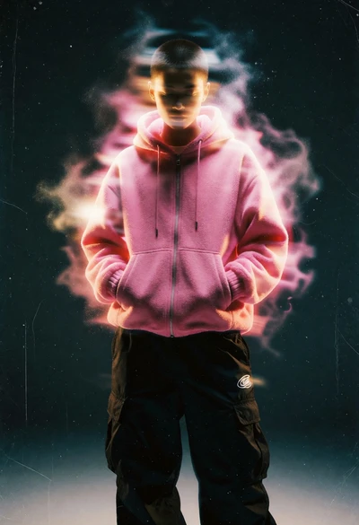 Solitary figure in pink hoodie against dark textured backdrop with glowing aura
