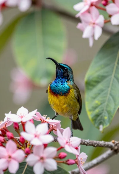 Close up of sunbird perched on pink red flowers with green leaf