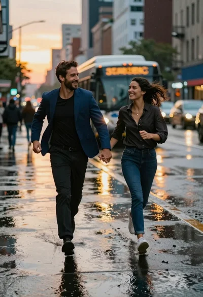 Joyful couple running hand in hand through rainy city street at sunset