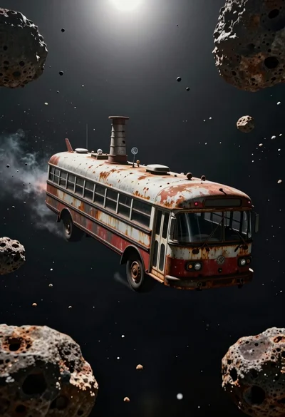 Rusty vintage spacecraft bus drifting through a dense asteroid field in deep
