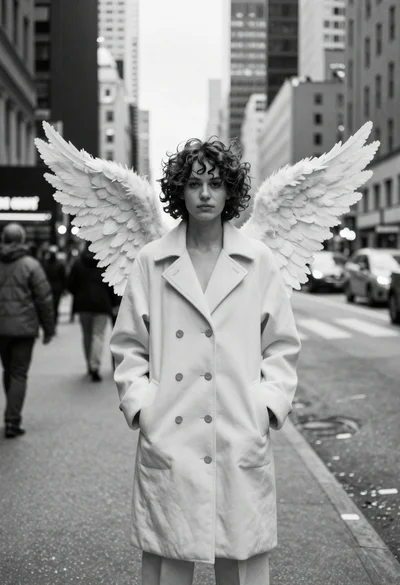Woman with wings in light coat on busy city street
