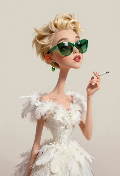 Stylized woman with long neck in white feathered gown