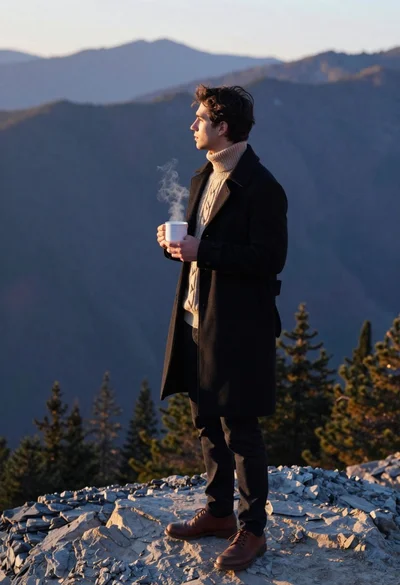 Young man in black coat on rocky ledge overlooking mountain range