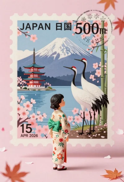 Miniature girl in kimono stands before giant vintage postage stamp of mount