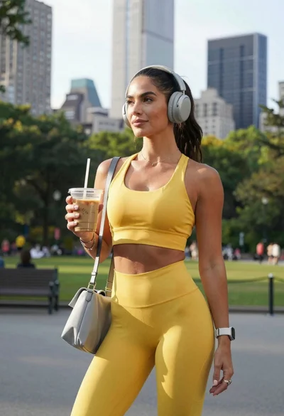 Fit woman in yellow athletic outfit holding iced coffee in city park