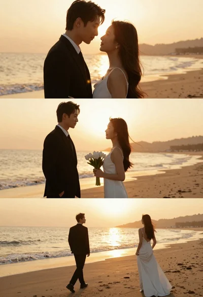 Romantic wedding couple on beach at sunset in three vertical panels