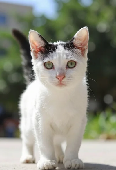 Close up of tiny white kitten with black patches in blurred green