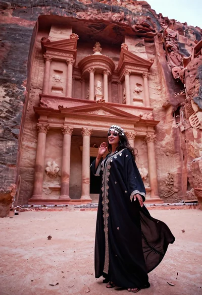 Veiled nomadic woman at petra treasury facade during rose gold dawn