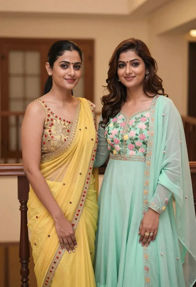 Two young women in traditional indian attire standing indoors together