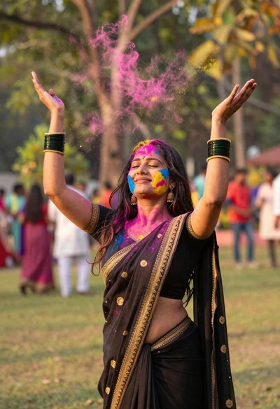 Joyful woman in black saree throwing colored powder in sunny park