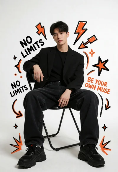 Young asian man seated confidently in black attire against stark white studio