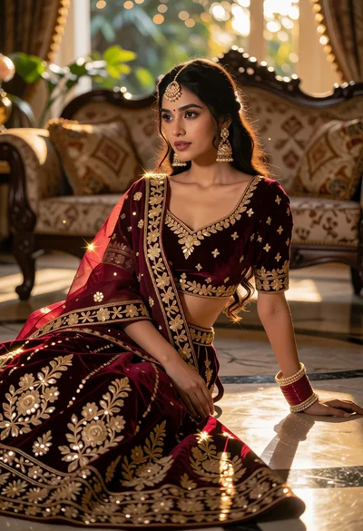 Young woman in maroon velvet lehenga sitting gracefully on marble floor