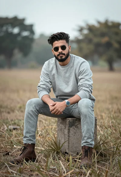 Man sitting on concrete block in field with dry grass background