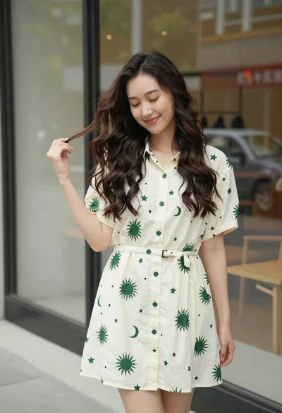 Smiling young woman in cream dress near large glass window outdoors