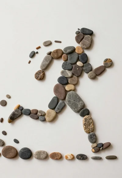 Top down view of running figure mosaic made from river stones