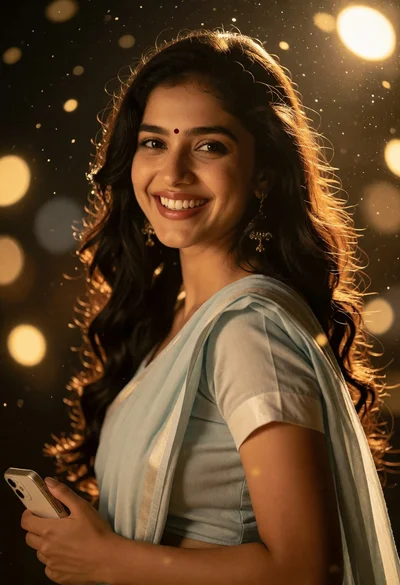 Smiling young woman with dark wavy hair wearing traditional draped garment