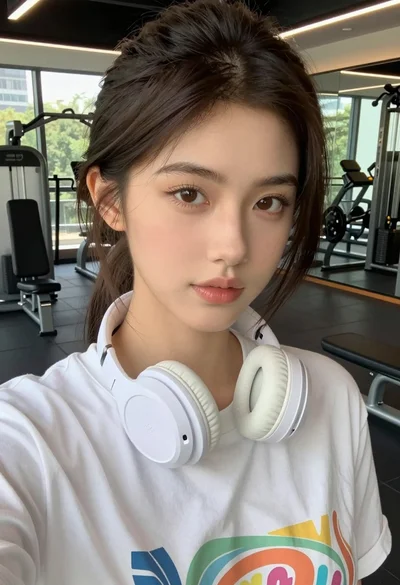 Close up selfie of young woman in white t shirt at modern