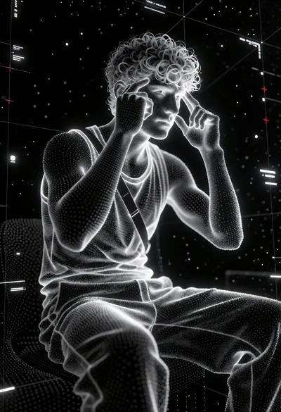 Monochromatic point cloud reconstruction of seated male figure in dark void
