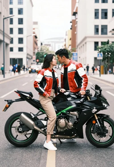 Romantic couple in leather jackets standing by a motorcycle on city street