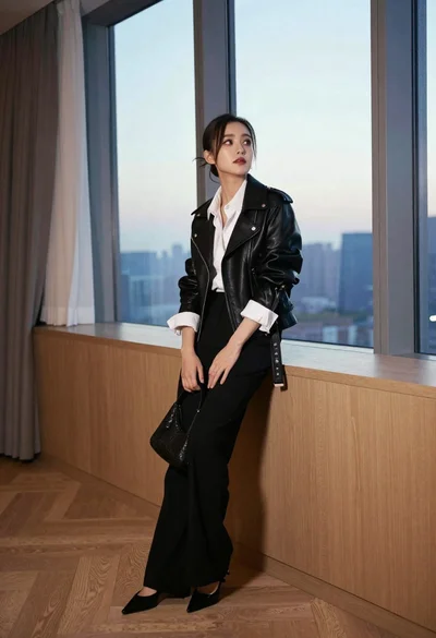 Stylish woman leaning on wooden counter near large twilight city windows