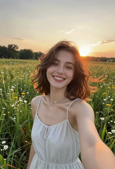 Smiling young woman taking a selfie in a sunlit meadow at sunset