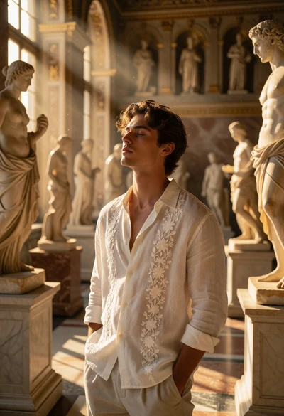 Young man standing in sunlit hall surrounded by classical marble statues