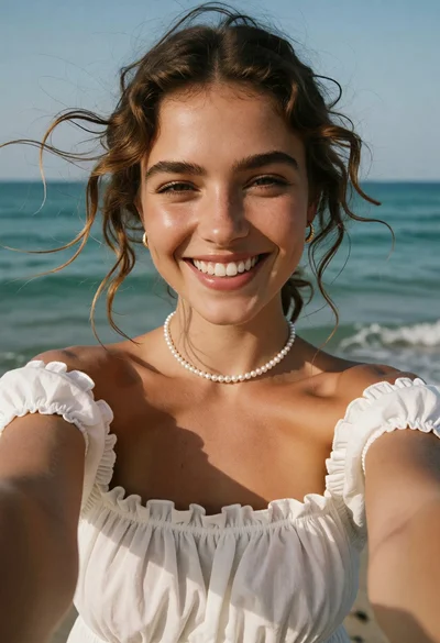 Closeup selfie of smiling woman with freckles on sunny beach
