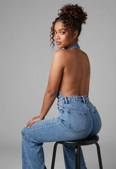 Young woman in blue denim jumpsuit sitting on stool in studio