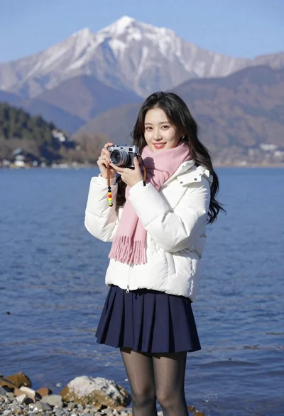 Smiling young woman in white puffer jacket holding vintage camera by lake