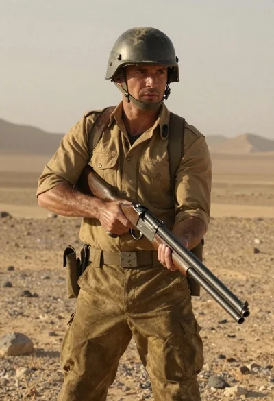 Rugged soldier with shotgun in arid desert landscape