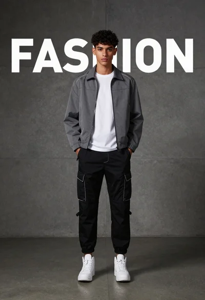 Young man standing against concrete wall with fashion text backdrop