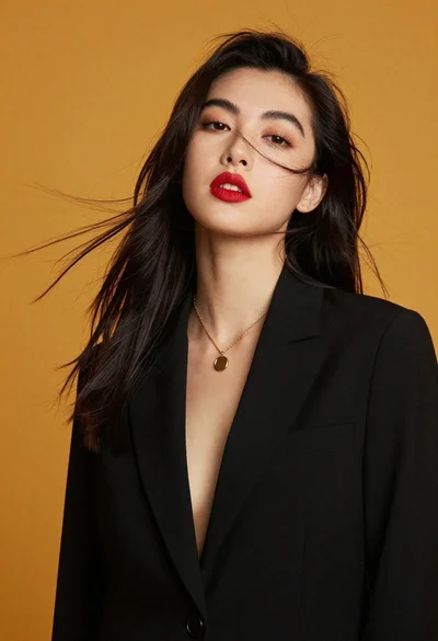 High fashion portrait of woman against mustard yellow background