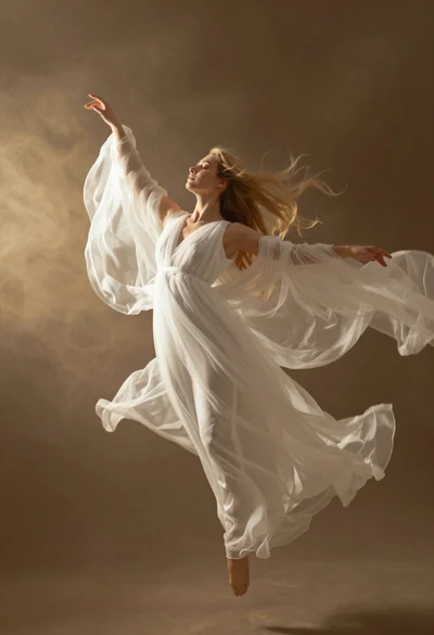 Woman floating in white gown amidst golden mist