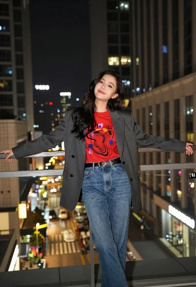 Young woman in blazer and jeans on urban rooftop at night