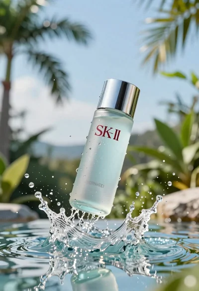 Clear glass skincare bottle suspended in water splash outdoors