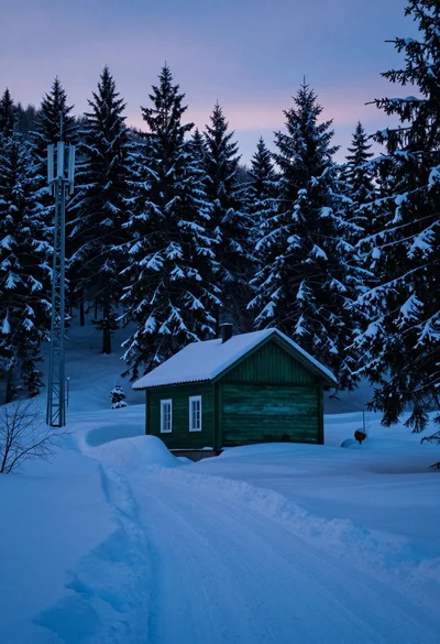 Solitary green wooden cabin in deep winter landscape under twilight sky