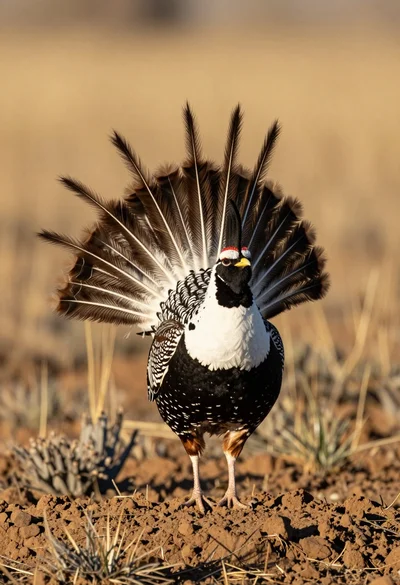 Greater prairie chicken mating display on reddish brown earth mound