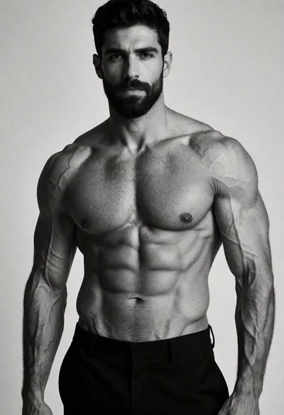 Muscular man in black trousers against gray studio background high contrast
