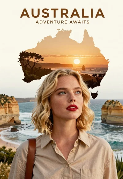 Blonde woman looking upward at australia silhouette poster