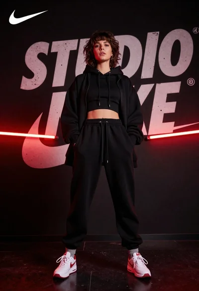 Young woman in black hoodie and sneakers standing in a dark studio