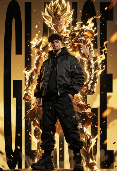 Man in streetwear against massive golden anime warrior figure backdrop