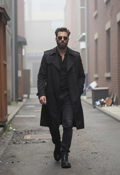 Stylish man in black trench coat walking through foggy urban alleyway street