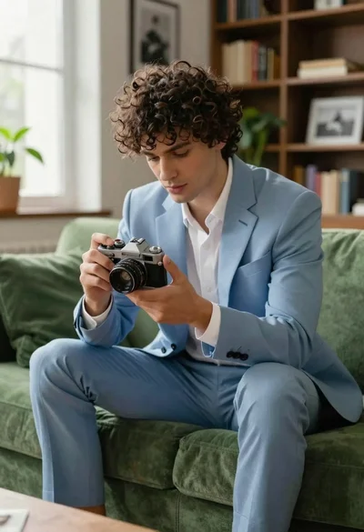 Young man examining vintage camera seated on plush green sofa