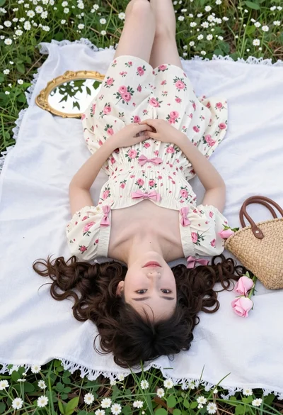 Young woman in floral dress lying on white blanket in green meadow