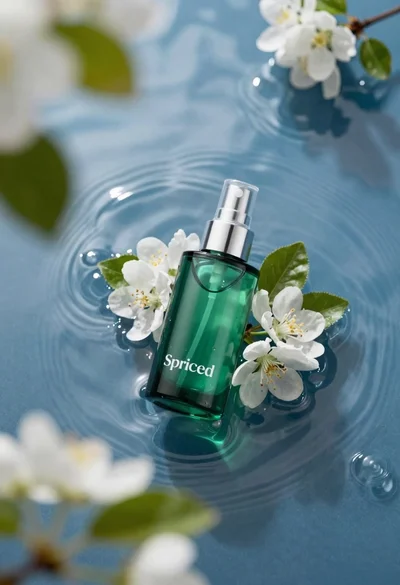 Green skincare bottle floating on rippling blue water