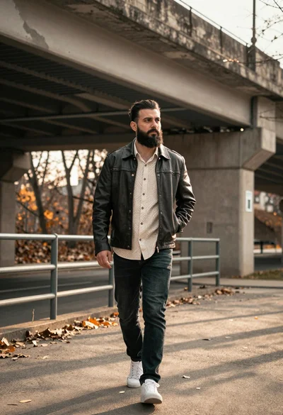 Man in leather jacket walking under concrete overpass at golden hour