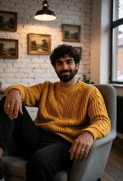 Young man in mustard sweater seated in modern armchair against brick wall