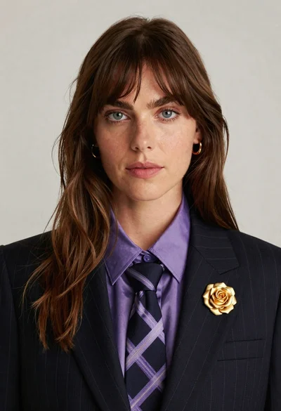 Medium close up portrait of woman in navy blazer against off white