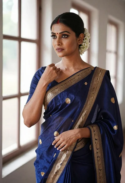 Poised woman in navy blue silk saree with gold embroidery indoors